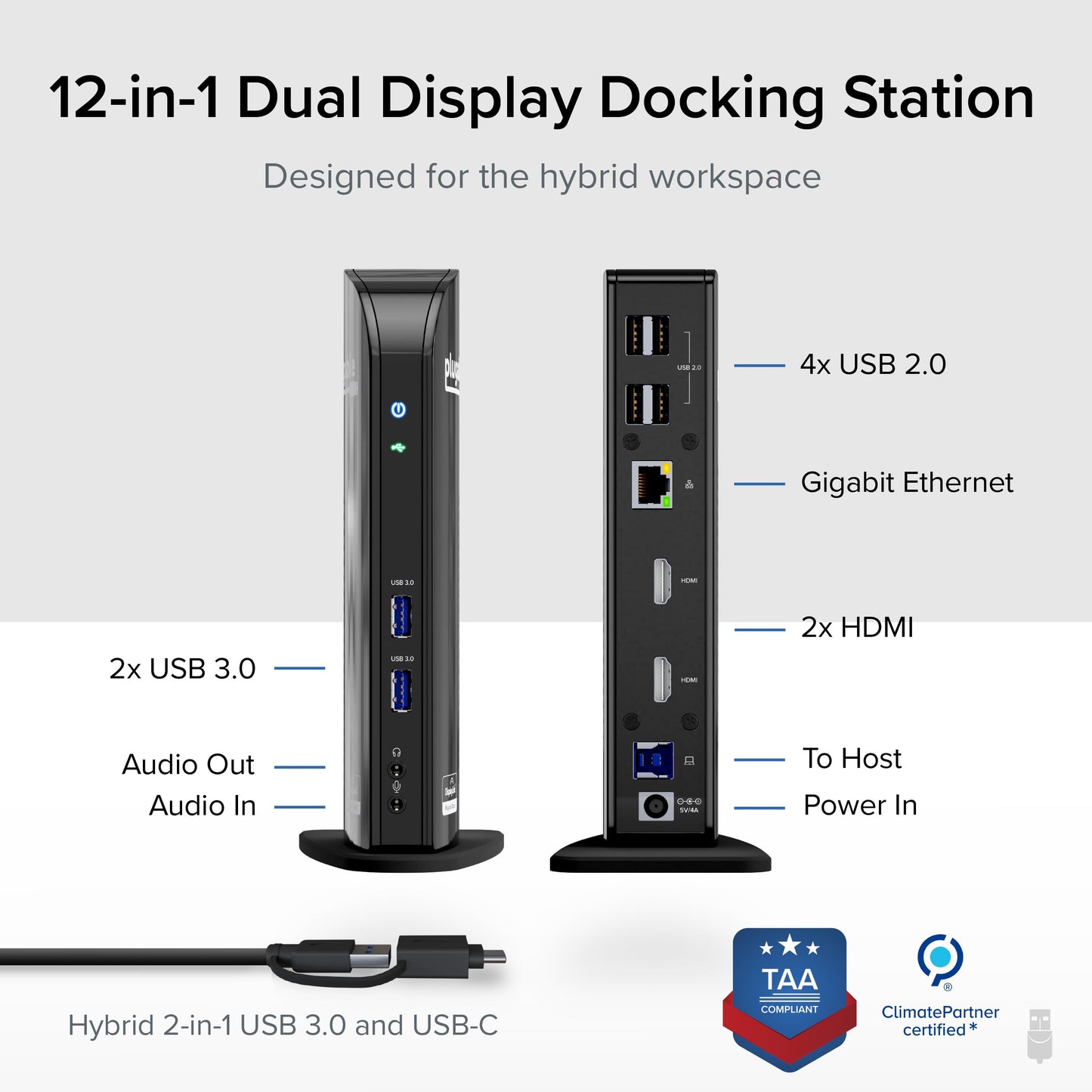 Plugable Universal Laptop Docking Station Dual HDMI Monitor for Windows and Mac (Driver Required), USB 3.0 or USB-C, 2X HDMI, Gigabit Ethernet, Audio, 6 USB Ports (UD-3900)