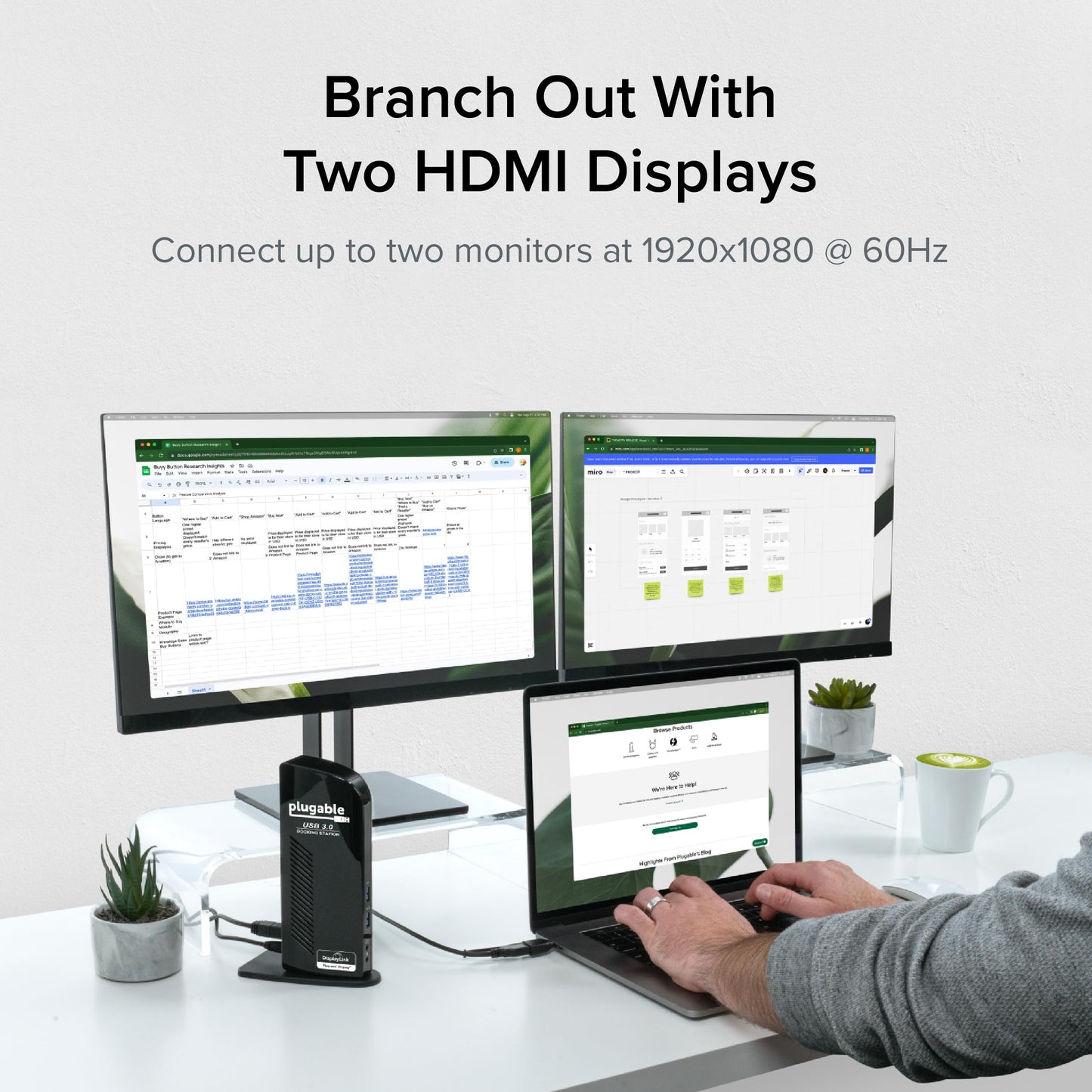 Plugable Universal Laptop Docking Station Dual HDMI Monitor for Windows and Mac (Driver Required), USB 3.0 or USB-C, 2X HDMI, Gigabit Ethernet, Audio, 6 USB Ports (UD-3900)